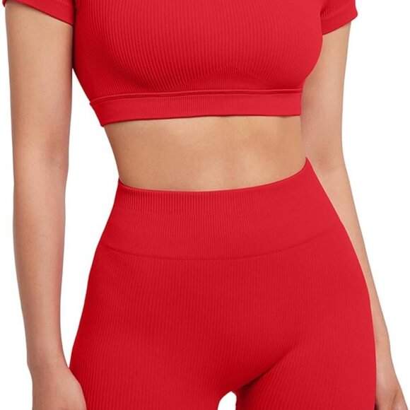 Open Back Short Sleeve Scrunch Butt Booty Shorts Seamless Ribbed Workout Sets 2 - Picture 2 of 5